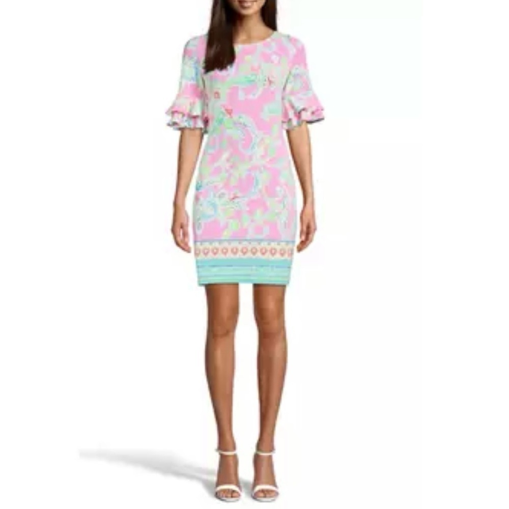 NWT PAPPAGALLO
Floral Double Ruffle Sleeve Dress, Pink and Green
